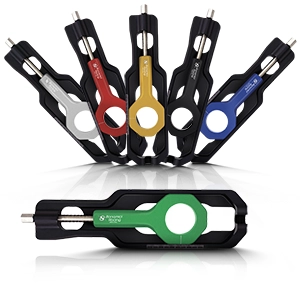 Six colored CNC-machined aluminum motorcycle chain tensioners in black, red, gold, blue, and green.